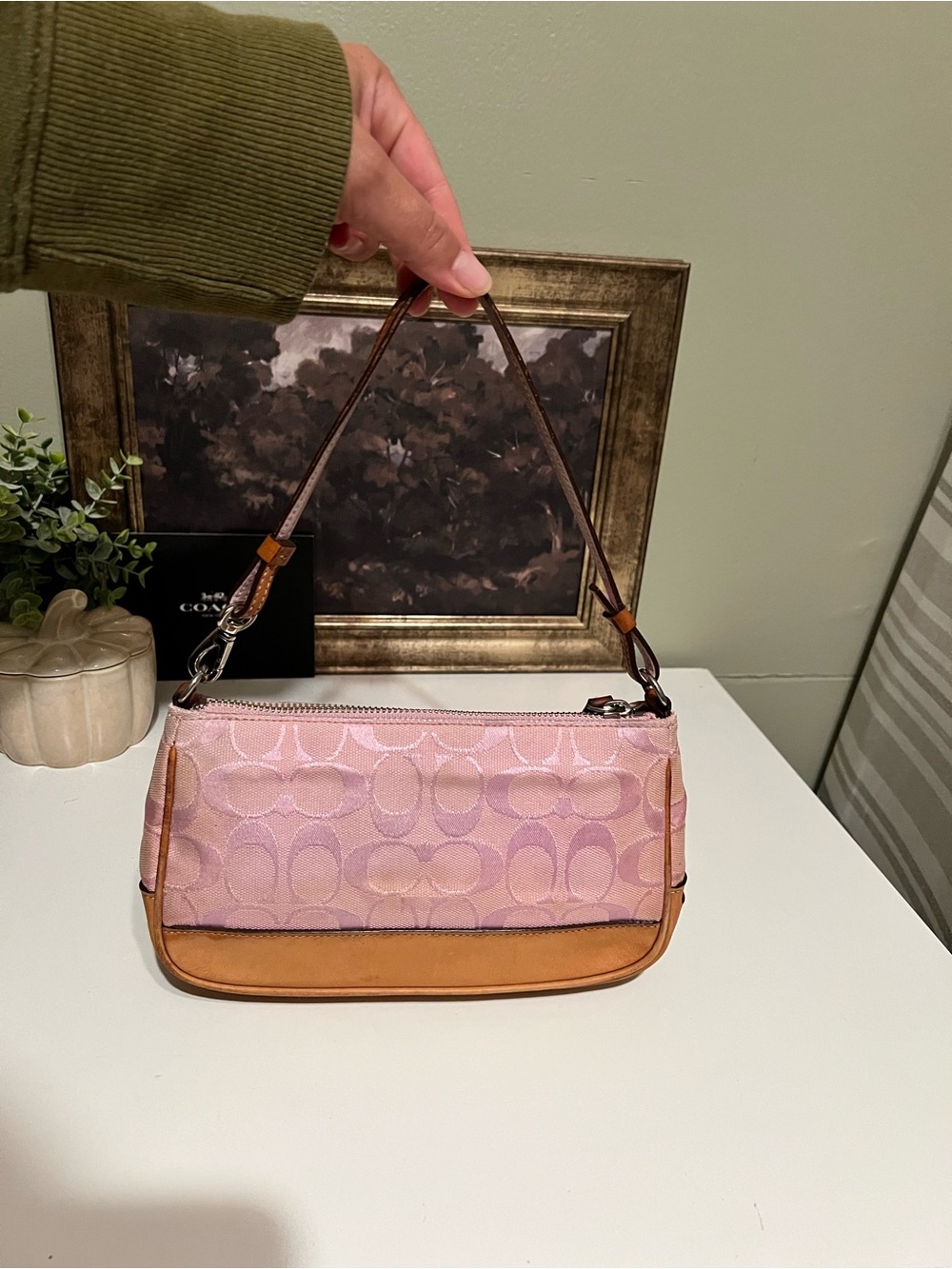 Coach Pink Signature Canvas Shoulder Bag with Tan Leather Trim - Demi Baguette
